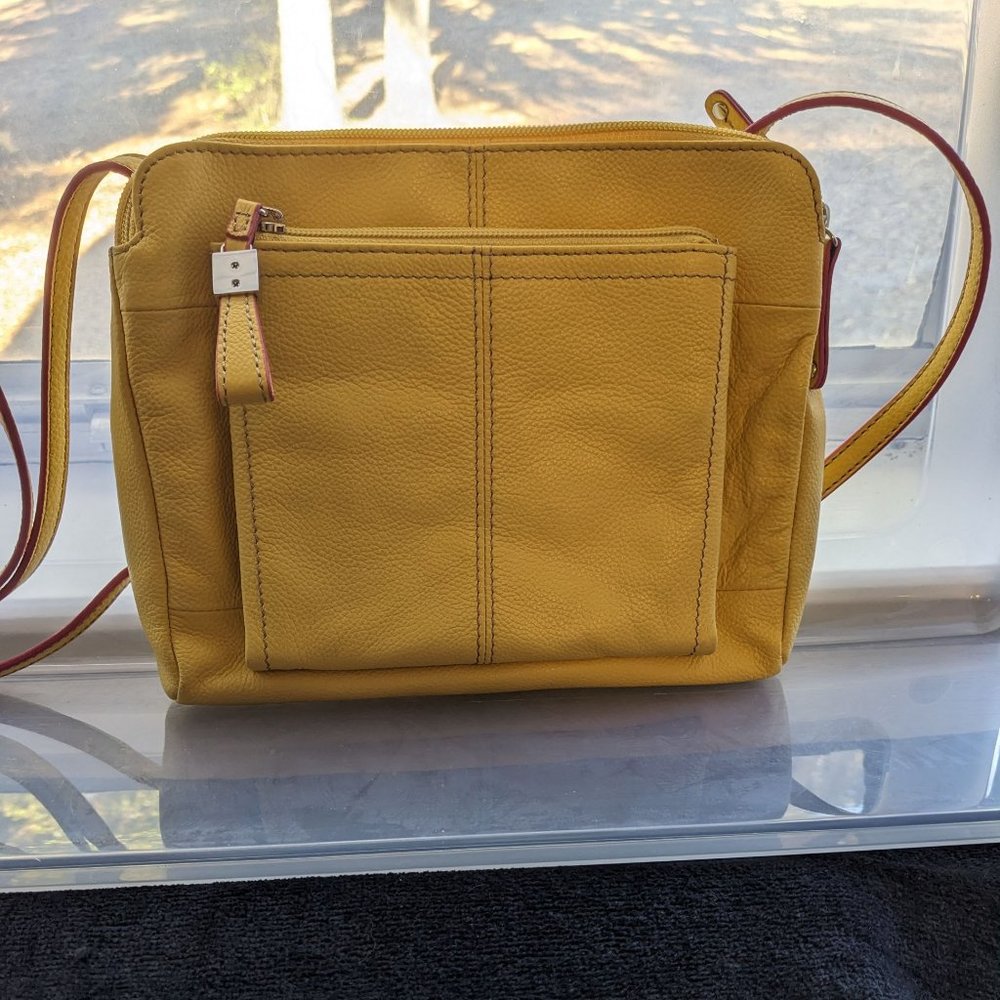 TIGNANELLO Yellow Pebbled Leather Oganizer Crossbody Handbag Purse Striped Liner